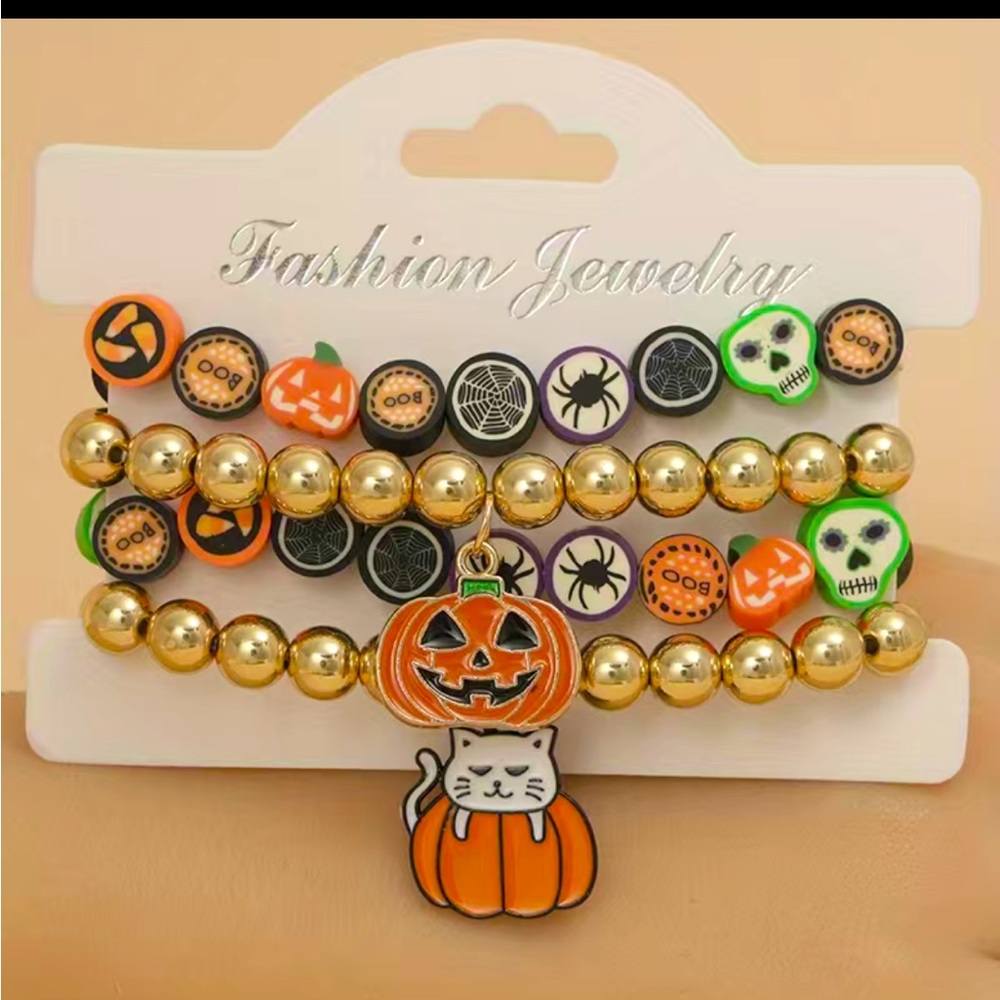 4 Halloween Stretch Bracelets Kitty Cat Pumpkins Polymer Clay Beads
